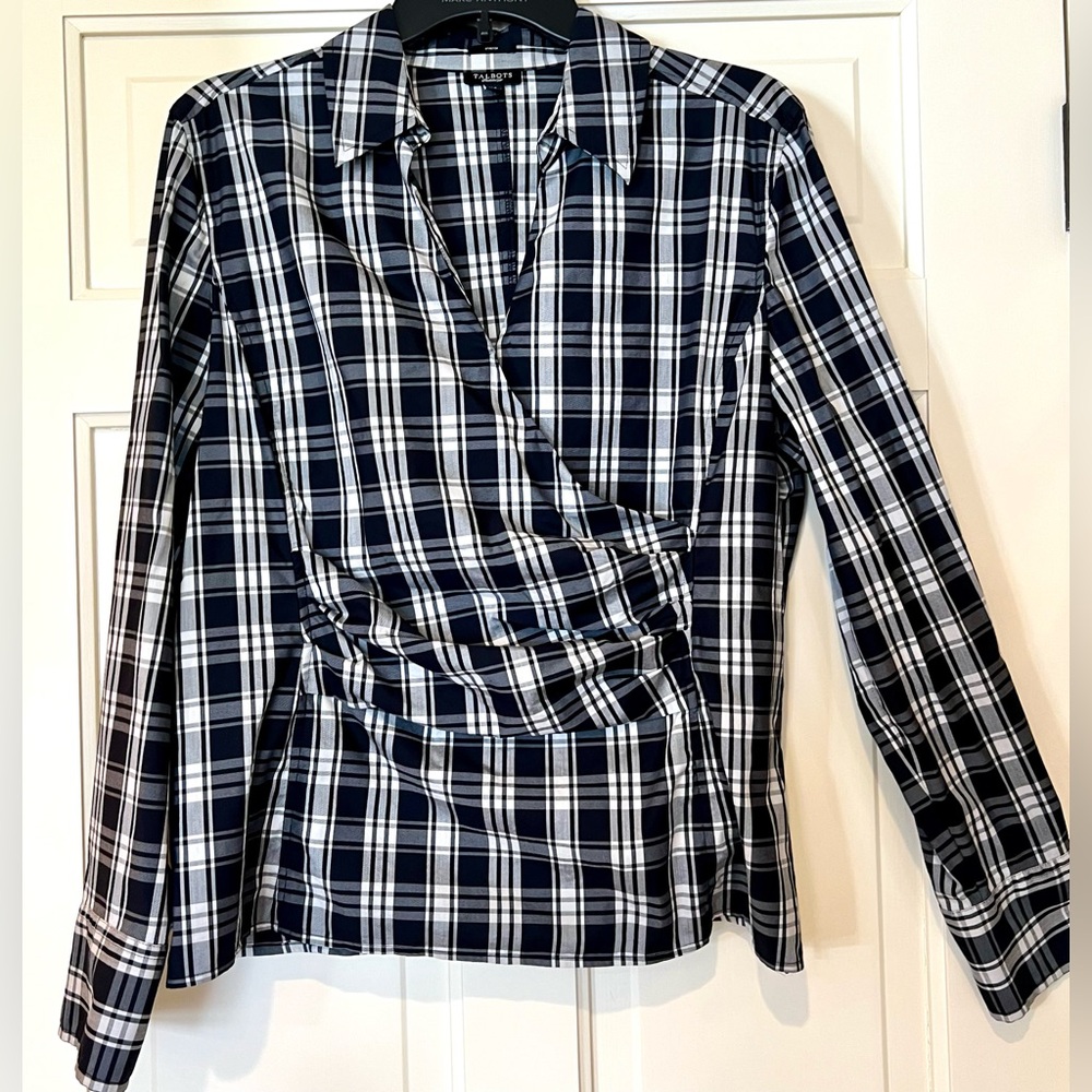 Talbots dressy cross over Blouse. size 14. 
Black & White Plaid.